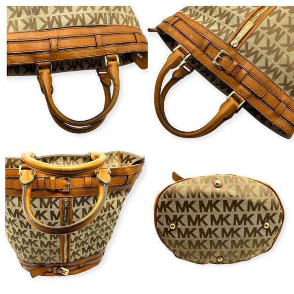 Michael Kors Kingsbury Signature Round Bucket Bag Beige Brown Retired Large - Picture 11 of 15